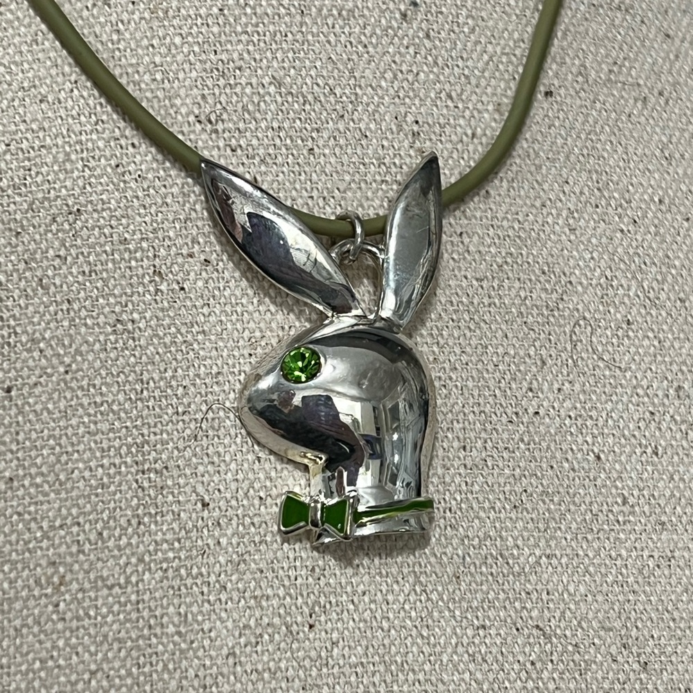 Silver tone playboy Bunny Pendant Necklace with Green Accents